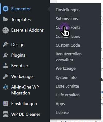 WordPress sidebar showing Elementor menu with Custom Fonts option