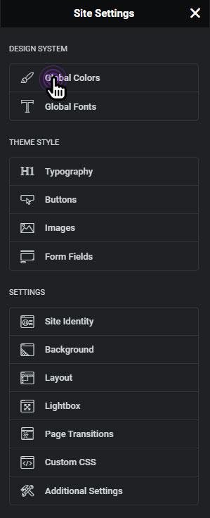 Elementor Site Settings with Global Colors option highlighted