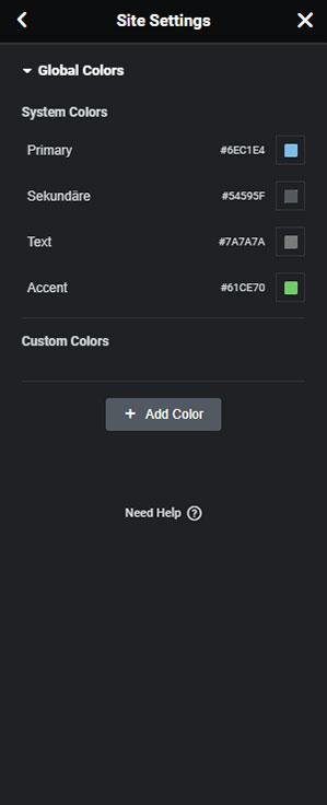 Elementor Global Colors editing panel