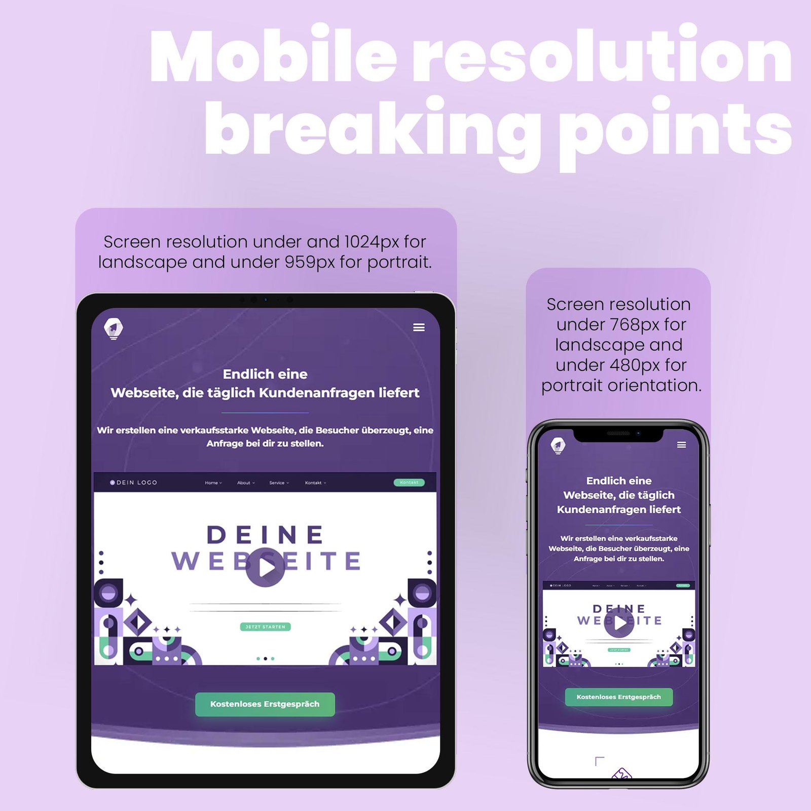 Mobile resolution breaking points: under 1024px landscape / under 959px portrait for tablets, under 768px landscape / under 480px portrait for phones