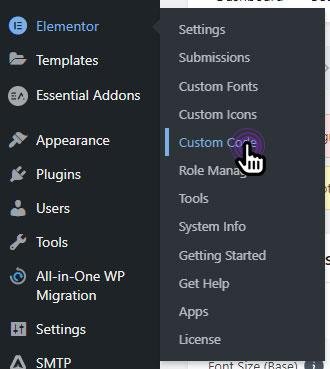 WordPress sidebar — Elementor menu with Custom Code option