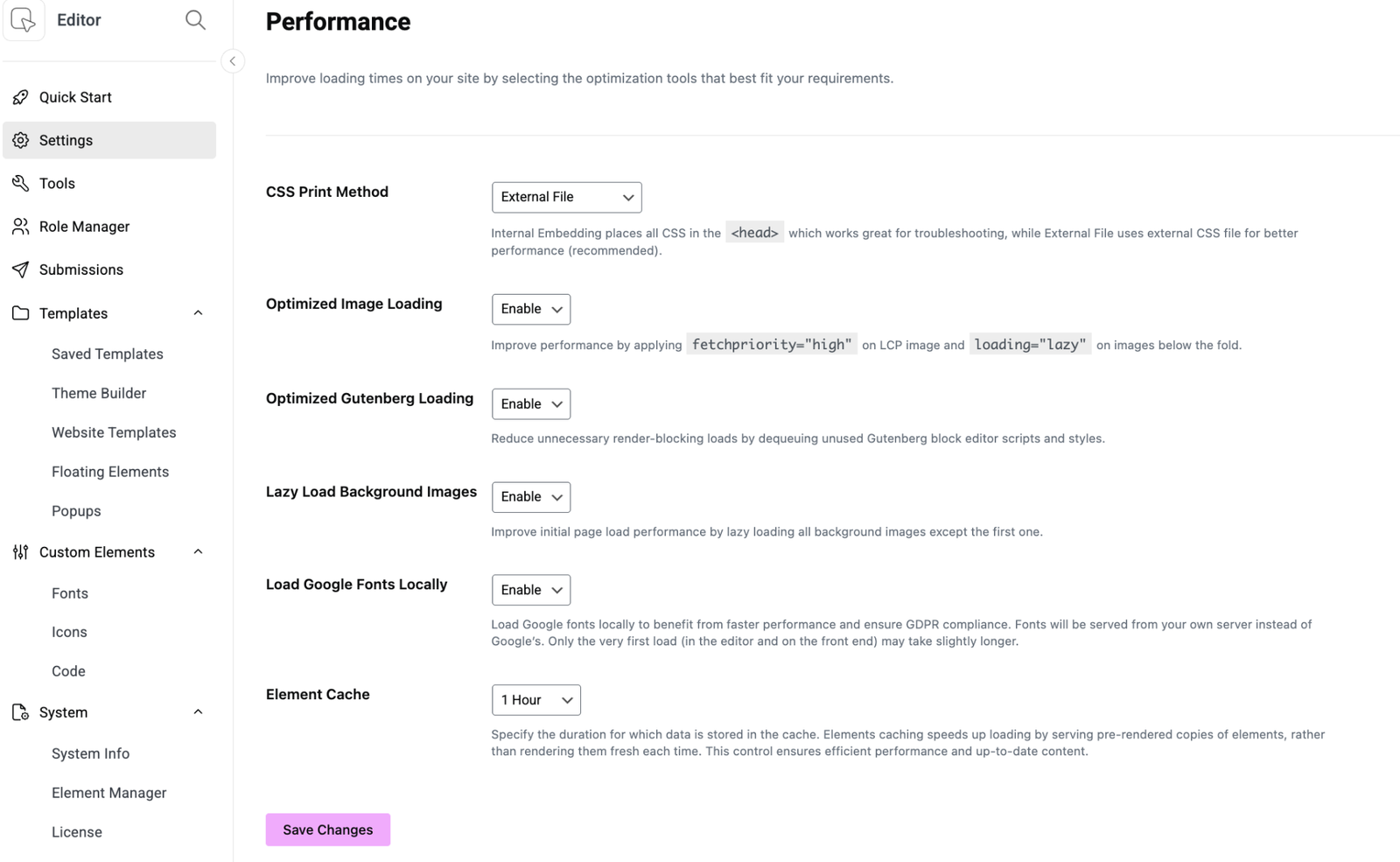 Elementor performance settings with Load Google Fonts Locally enabled