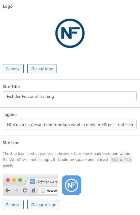 Site Identity panel showing the uploaded logo and site icon